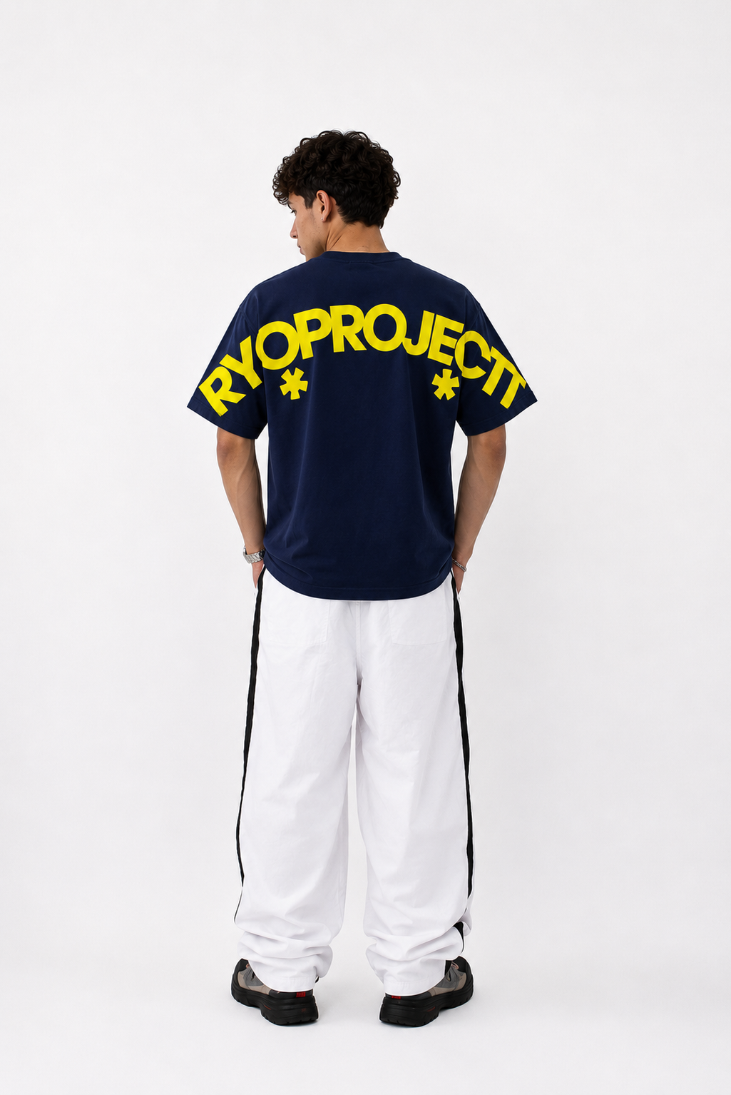 curved tee navy blue and yellow