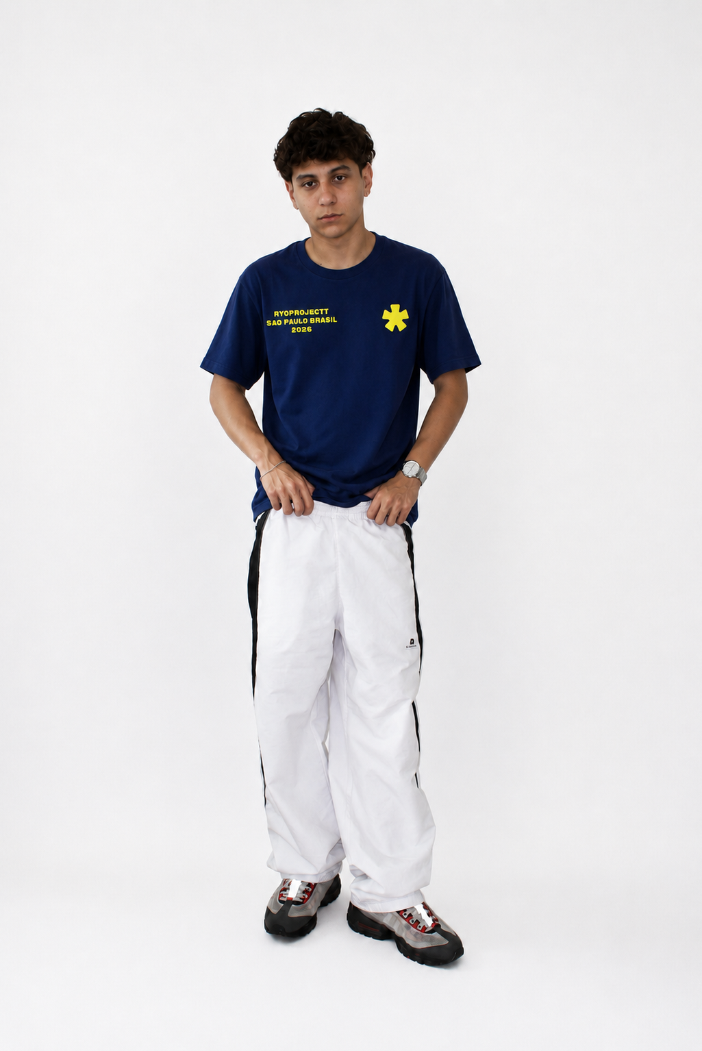 curved tee navy blue and yellow
