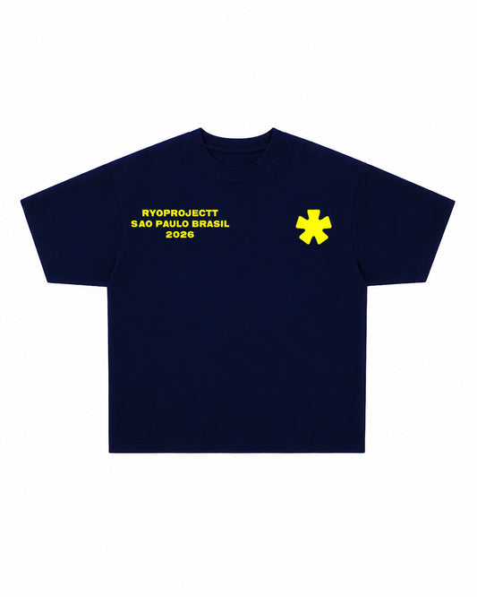 curved tee navy blue and yellow